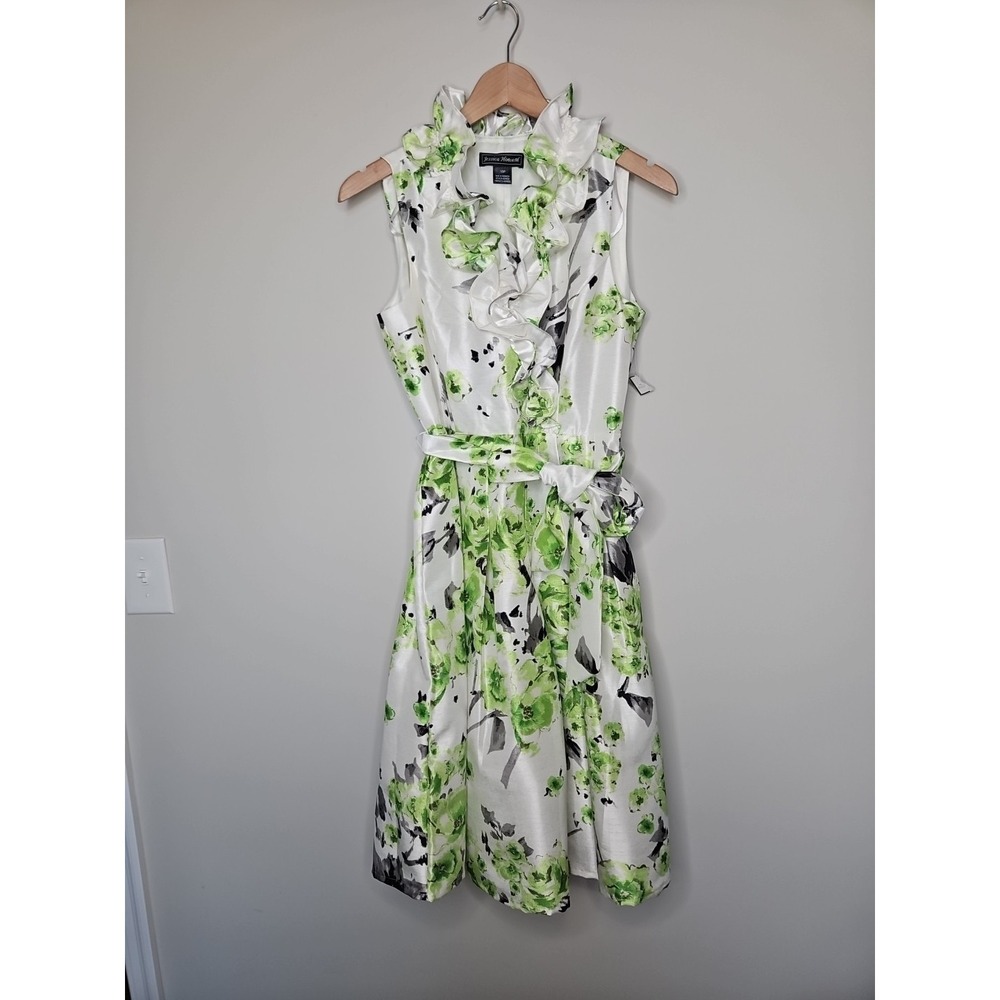 Jessica Howard Dress 10P Green Floral Ruffle Neck Tulle Cottage Pin Up Event